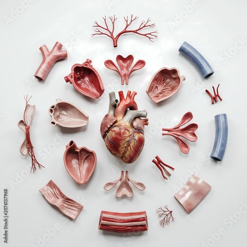 Anatomical model of human heart and blood vessels on white surface