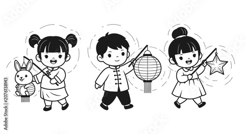 Cute Children Carrying Traditional Lanterns for Mid-Autumn Festival