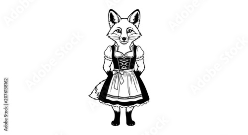 Cute Fox Character Wearing Traditional German Dirndl Dress
