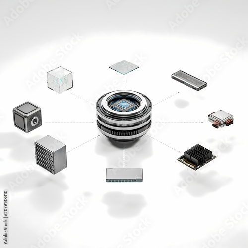 Camera lens and various computer hardware components on white background