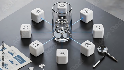 Business strategy concept with white blocks and glass cylinder on gray table top