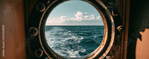 View of deep blue ocean waves and clouds through  vintage circular ship porthole window