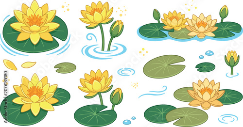 Fotografía Beautiful yellow water lily lotus flower vector elements set featuring cartoon b