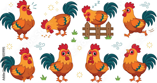 Foto Cute cartoon rooster character sticker elements set with farm cockerel crowing i