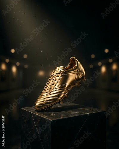 Golden soccer cleat displayed on a marble pedestal indoors