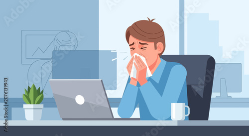 Sick Employee Working With Laptop Illustrating Cold Season Flu and Sickness