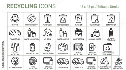 Professional black and white linear recycling icons set featuring diverse environmental waste management symbols and elements