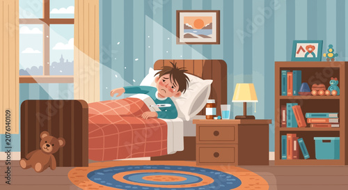Sick Child Resting In Bed, Surrounded By Home Comforts, Ill With Fever and A Cold, Stay Home