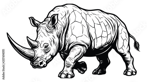 Foto Vintage rhinoceros woodcut illustration, hand drawn black and white rhino vector