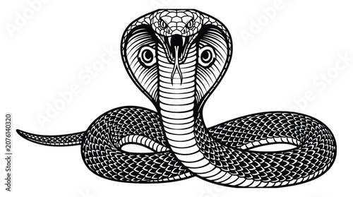 Obraz na plátně King cobra snake vector illustration, aggressive black and white serpent mascot,