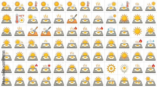 Φωτογραφία Collection of icons representing different stages of cooking an egg, from raw to fried, with various heat and steam indicators