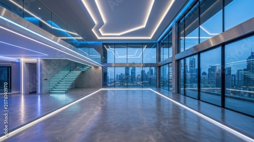 Modern minimalist smart office lobby with city skyline view and futuristic lighting design