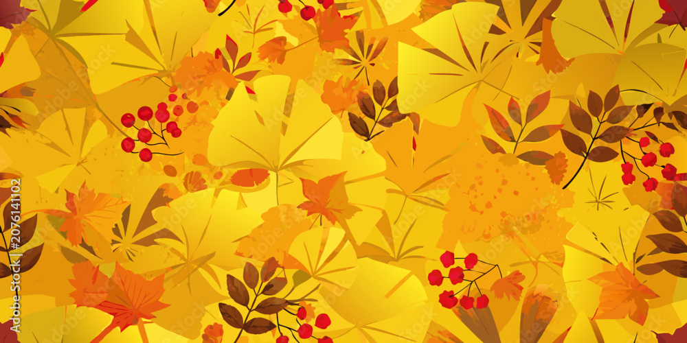 Fototapeta premium Autumn Leaf Pattern With Berries A Repeating Vector Illustration