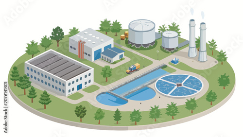 Circular water recycling process showing industrial facilities