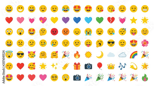 Tableau sur toile A large collection of colorful emojis and icons representing various emotions, objects, and symbols