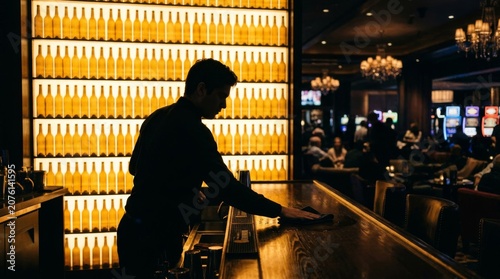 Silhouette of bartender at luxury bar with glowing bottles.
