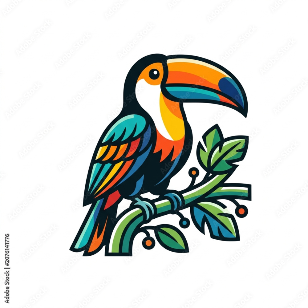Fototapeta premium Colorful Toucan Bird Perched on a Branch with Leaves.