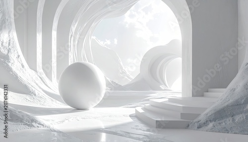 White minimalist art space with an egg-shaped sphere and archways