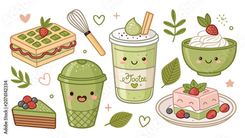 Playful kawaii matcha dessert and drink collection featuring cute illustrated waffles cakes and refreshing beverages in a charming hand drawn vector style