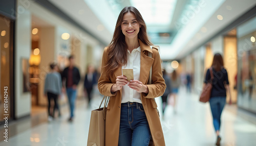 Woman carrying shopping bag using smartphone in shopping mall. Beautiful girl walking in store with bag and mobile phone. Consumer lifestyle, retail, purchase and fashion shopping concept.