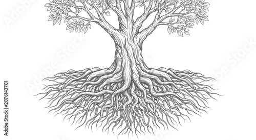 Detailed Hand Drawn Tree with Extensive Root System Illustration