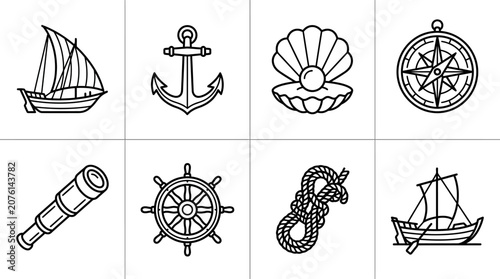 Photos Nautical icons set with ships anchors.