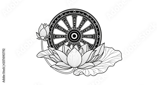 Dharmachakra Wheel with Lotus Flower Buddhist Symbol Line Art