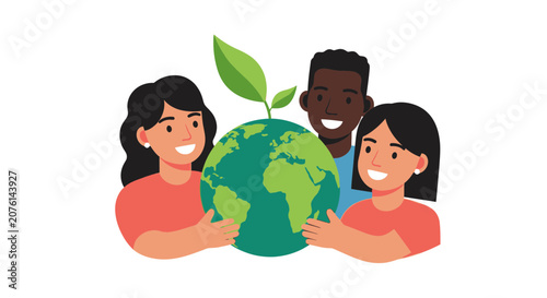 Diverse Group Holding Planet Earth with Growing Plant