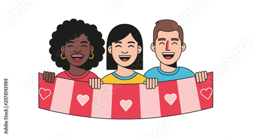 Diverse Group of Happy Friends Holding a Heart Banner