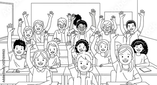 Diverse Group of Students Raising Hands in Classroom