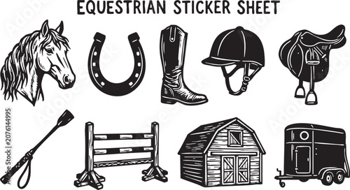 Fotografie Equestrian sticker sheet with horse head, horseshoe, riding boot, helmet, saddle