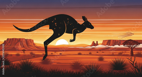 Kangaroo in Australian desert landscape at sunset