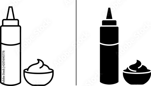 Photos Condiment squeeze bottle and bowl of sauce icon set with condiment squeezable dr