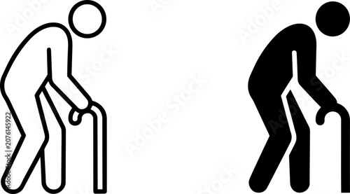 Bild auf Leinwand Set of elderly person walking with cane icons in outline and silhouette walking