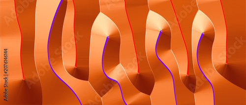 Abstract Orange Paper Wave Background With Blue Curved Ribbon Shapes