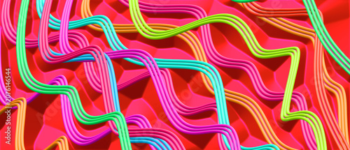 Colorful Wavy Neon Ribbon Abstract Background With Flowing Curved Lines And Vibrant Pattern