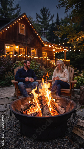 Happy Caucasian couple relaxing in wooden chairs by a bonfire at night. Cozy rustic cabin decorated with glowing string lights in the forest background.