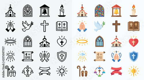 Obraz na płótnie Collection of Christian religious icons and symbols in flat design style, representing faith and spirituality