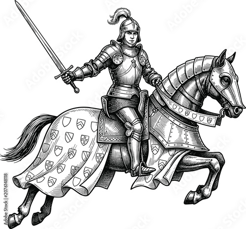 Fotografía Vintage Medieval Knight on Horseback Vector Illustration Featuring Hand Drawn Wa