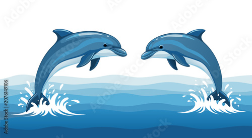 Tableau sur toile Pair of leaping blue dolphins illustration vector design showing two playful aqu