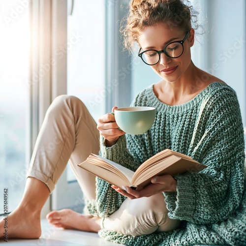 Woman reads a book and drinks coffee while sitting by a window on a sunny afternoon