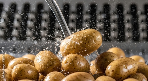 Fresh Raw Potatoes Being Washed with Splashing Water