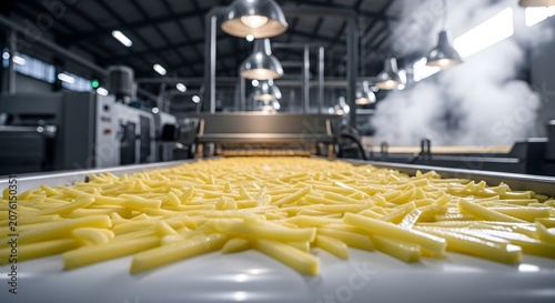 French Fries Production Process on a Conveyor Belt inside a Food Factory