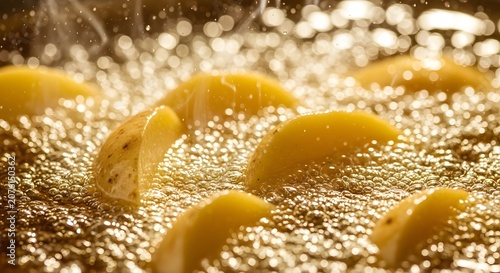 Golden Potato Wedges Frying in Hot Bubbling Oil