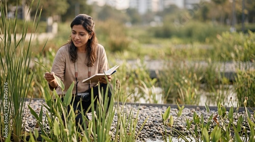A woman sits on rocks in a lush water garden, studying and sketching various plants. The serene atmosphere and bright sunlight create a perfect backdrop for her creative exploration.