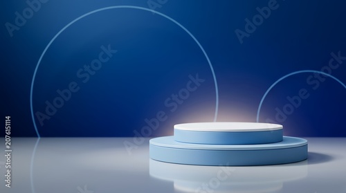 Minimalist blue podium for product presentation, empty round stage with geometric neon circle lights, elegant cosmetic display background