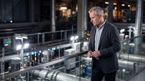 A business leader stands pensively by a glass railing, overlooking a bustling industrial plant illuminated by bright lights during the evening hours, deep in thought about future developments.
