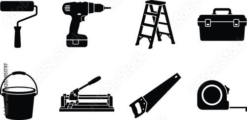 Home renovation and tiling tools vector icons set featuring power drill hand saw and toolbox silhouettes