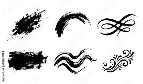 Foto Abstract Black Ink Brush Stroke Vector Set Featuring Grunge Textured Paint Splat