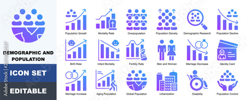 Tablou pe pânză Demographic And Population Icon Pack Featuring Population Growth, Mortality Rate